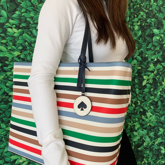 KATE SPADE TANYA MULTICOLOR STRIPE LEATHER TOTE - Picture 2 of 8